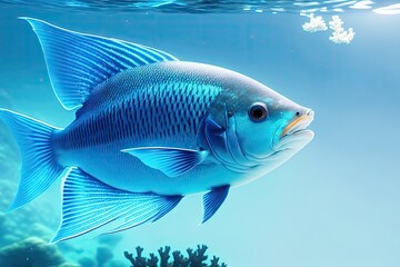 Fototapeta premium Underwater coral reef landscape with fish, generative ai, in the deep blue ocean with colorful marine life