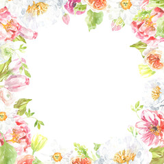 Watercolor Easter floral frame illustration. Botanical spring flower frame, wreath, chaplet, peony,rose, cute Easter bunny animal clipart, baby shower, happy birthday invite,border, banner, wallpaper 