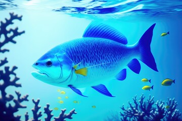 Naklejka premium Underwater coral reef landscape with fish, generative ai, in the deep blue ocean with colorful marine life