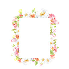 Watercolor Easter floral frame illustration. Botanical spring flower frame, wreath, chaplet, peony,rose, cute Easter bunny animal clipart, baby shower, happy birthday invite,border, banner, wallpaper 