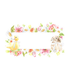 Watercolor Easter floral frame illustration. Botanical spring flower frame, wreath, chaplet, peony,rose, cute Easter duck animal clipart, baby shower, happy birthday invite,border, banner, wallpaper 