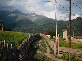 Fototapeta na wymiar View of mountains in Mestia, Georgia.