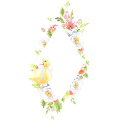 Watercolor Easter floral frame illustration. Botanical spring fower frame, wreath, chaplet, peony,rose, cute Easter bunny animal clipart, baby shower, happy birthday invite,border, banner, wallpaper 