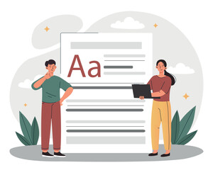 Writer and author. Man and woman create interesting content for websites and social networks. Creative individuals, freelancers and copywriters. Creativity and art. Cartoon flat vector illustration