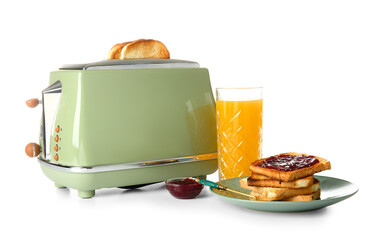 Bread slices in modern toaster, glass of juice and tasty toasts with jam isolated on white...