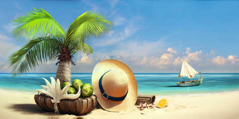Obraz premium Sunny tropical beach background with Palm tree, hat and sunglasses. Generative AI