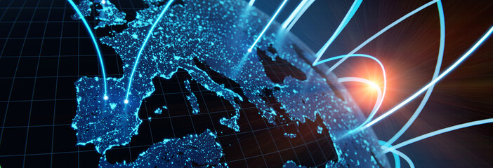 Globalization and communication concept. Earth and luminous rays. 3d rendering