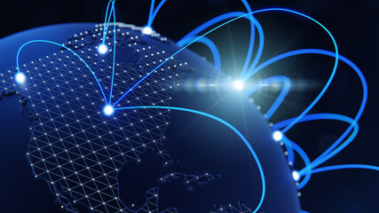 Globalization and communication concept. Earth and luminous rays. 3d rendering