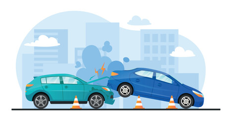 Car crash on road. Accident and tragedy. Broken and smoking vehicles. Violation of rules of conduct on road. Poster or banner for website. Keep safe distance. Cartoon flat vector illustration