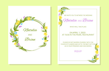 Wedding invitation template. Flower frame and text. The inscription is decorated with a wreath of flowers. Lilac, blue. pink, green colors. Vector illustration.