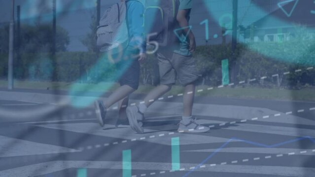 Animation of stock market data processing against two diverse school boys crossing the street