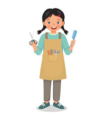 cute little girl hairdresser holding comb and scissor