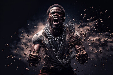 African American enslaved man breaking chains, freedom concept, Emancipation. Generative AI