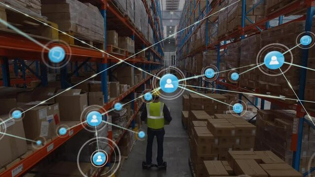 Animation of network of digital icons over male worker on hoverboard checking stock at warehouse