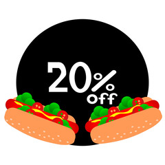 20% off inside black circle with hot dog. Twenty percent off hot dog