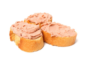 Toasts with delicious pate on white background