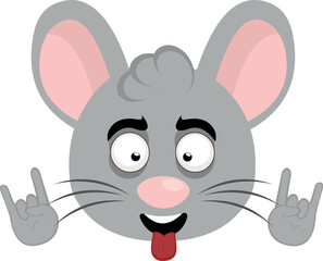 vector illustration face of a cartoon mouse with a cheerful expression, tongue out and hands making the classic gesture of heavy metal
