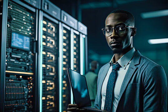 African American IT Specialist In Server Room, Copyspace. Generative AI