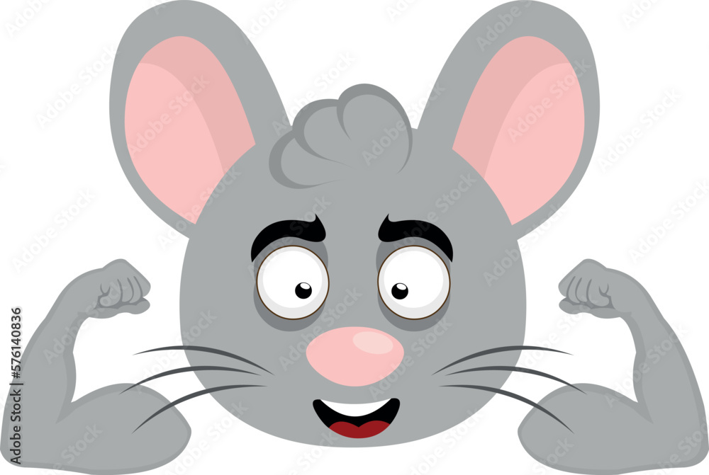 Poster vector illustration face of a cartoon mouse with a cheerful expression and showing the biceps of the