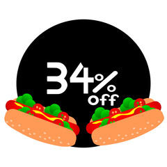 34% off inside black circle with hot dog. Thirty four percent off hot dog