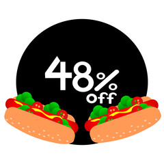 48% off inside black circle with hot dog. Forty eight percent off hot dog