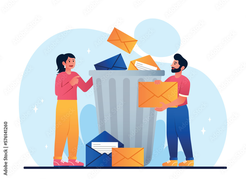 Poster deleting data concept. man and girl with envelopes near trash can. users clear memory of phone, devi