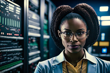 African American woman IT specialist in server room, copyspace. Generative AI