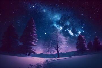 a night sky with stars and a purple and blue sky with trees and a snow covered hill with snow on the ground and stars in the sky. generative ai