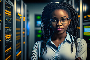 African American woman IT specialist in server room, copyspace. Generative AI