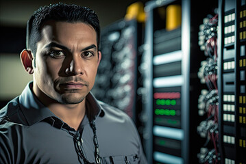 Latino IT specialist in server room, copyspace. Generative AI