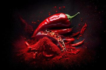 a pile of red chili powder next to a red chili pepper on a black background with red chili powder scattered around the chili pepper and the pepper. generative ai