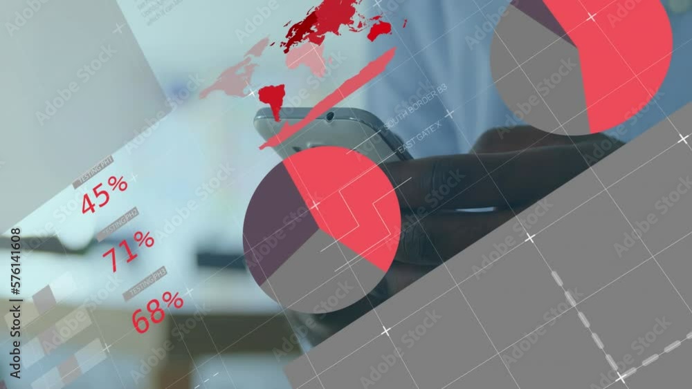 Poster animation of statistical data processing over mid section of african american man using smartphone