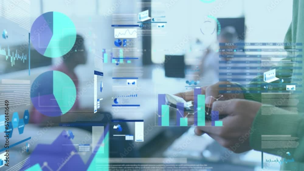 Poster animation of statistical data processing over mid section of a man using smartphone at office