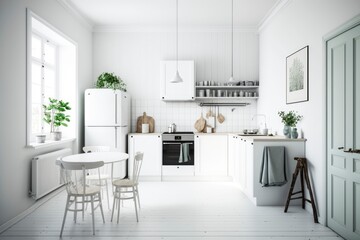Fototapeta na wymiar modern kitchen interior design in a house, white colored decoration design, natural light from windows, generative ai, 3D rendered 