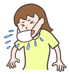 マスク越しに、くしゃみをして飛沫を飛ばす若い女性