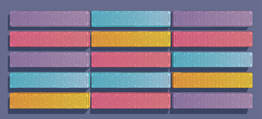 Top view of large multicolored metal container blocks for goods in sea port warehouse. Vector set. Flat illustration for transport company. Concept of cargo transportation. Loading ship, truck. Line