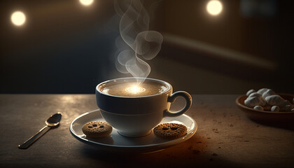 Cup of espresso with cookie on table in coffee shop, AI generated