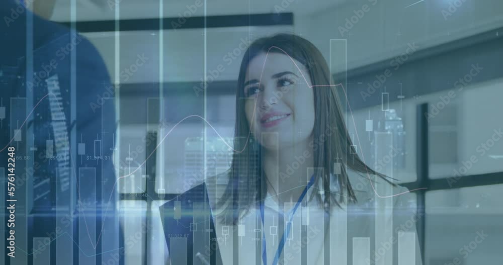 Canvas Prints Animation of multiple graphs, caucasian businesswoman discussing with man, illuminated buildings