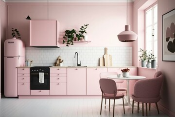 modern kitchen interior design in a house, pink colored decoration design, natural light from windows, generative ai, 3D rendered 