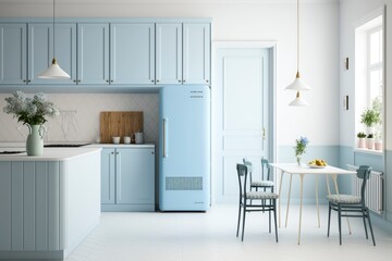 modern kitchen interior design in a house, light blue colored decoration design, natural light from windows, generative ai, 3D rendered 