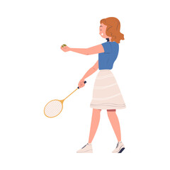 Obraz na płótnie Canvas Happy teenage girl playing tennis. Teenager beating tennis ball with racket playing sports game cartoon vector illustration