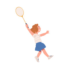 Obraz na płótnie Canvas Cute happy little girl playing tennis. Smiling child with racket training on court cartoon vector illustration