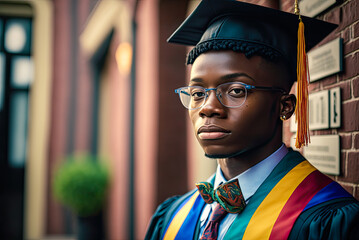 African American graduate wearing gay pride cap and gown. Generative AI