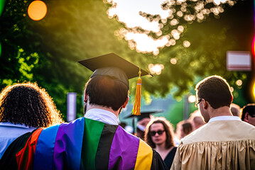 Graduate wearing gay pride cap and gown. Generative AI