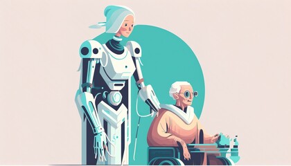 Futuristic AI robot helping an old lady working in an aged care nursing home, robot support worker for disabled rehabilitation healthcare