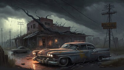 A post-apocalyptic world ravaged by a pandemic with abandoned buildings, rusted cars, piles of garbage, Apocalypse Concept, Ai, Ai Generated