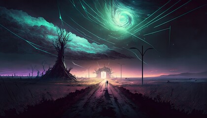 A post-solar flare wasteland with abandoned cities, shimmering auroras, Ai, Ai Generated