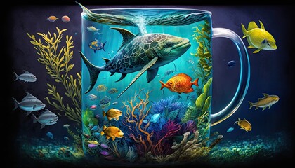 An underwater scene inside a coffee mug, Coffee Mug Concept, Sea, Ocean, Ai, Ai Generated
