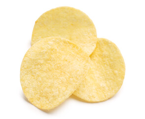Delicious potato chips isolated on white background