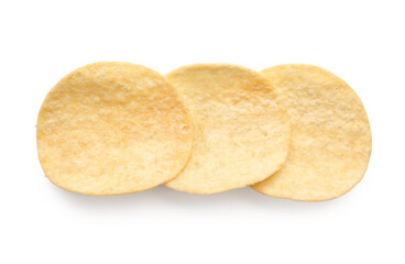 Delicious potato chips isolated on white background